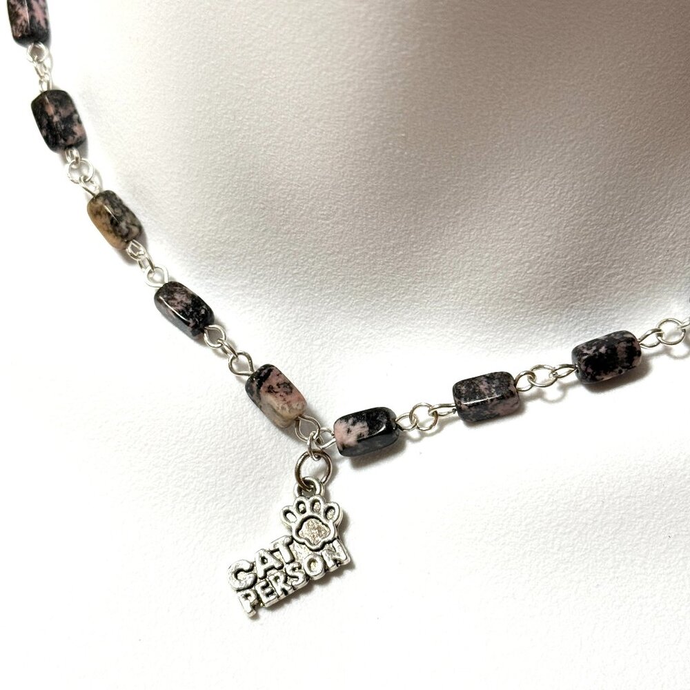 Genuine Gemstone Black Pink Rhodonite w/ Cat Person Pendant Short Necklace